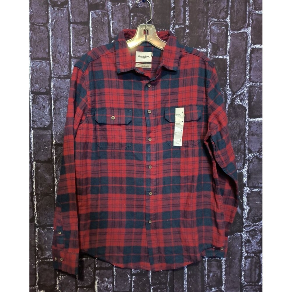 Goodfellow & Co Midweight Flannel Shirt Men's Medium Red Navy Plaid Button Down